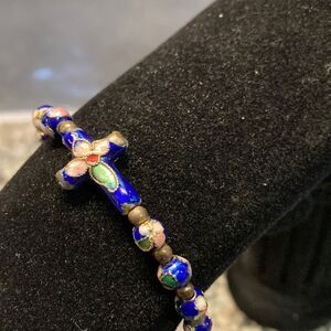 Blue hand painted cross stretchy bracelet